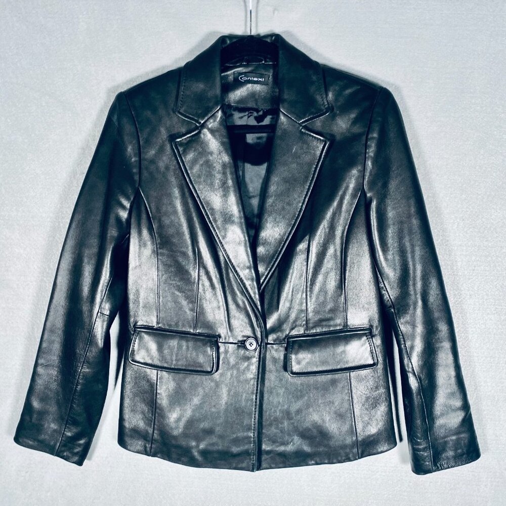 Context Leather Jacket Womens 4 Black Single Button Blazer Biker